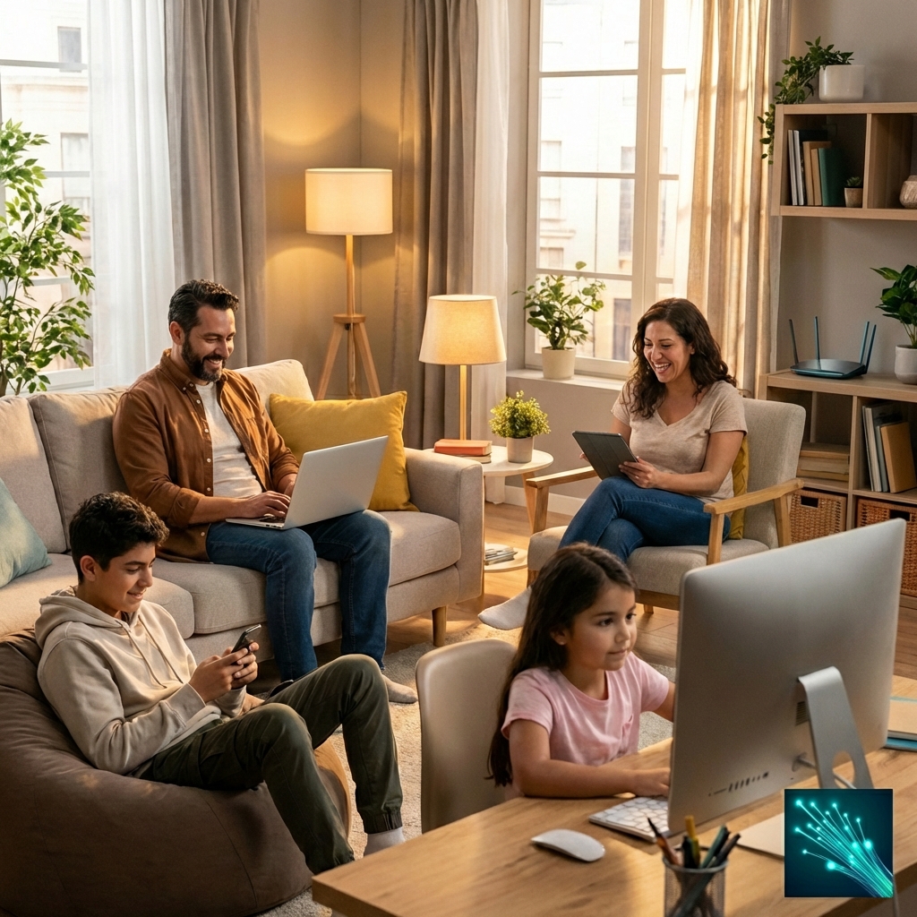 Familia disfrutando de internet de fibra óptica en diferentes dispositivos